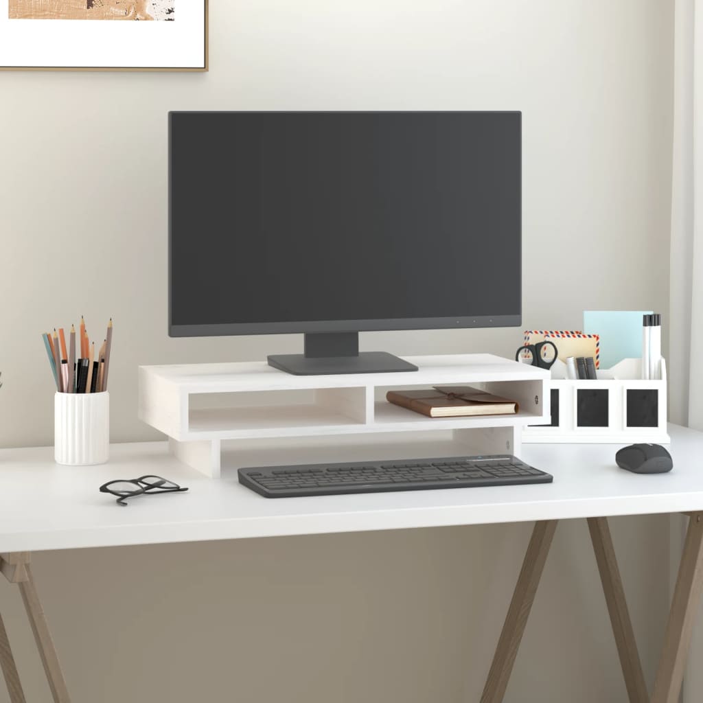 NNEVL Monitor Stand White 60x27x14 cm Solid Wood Pine