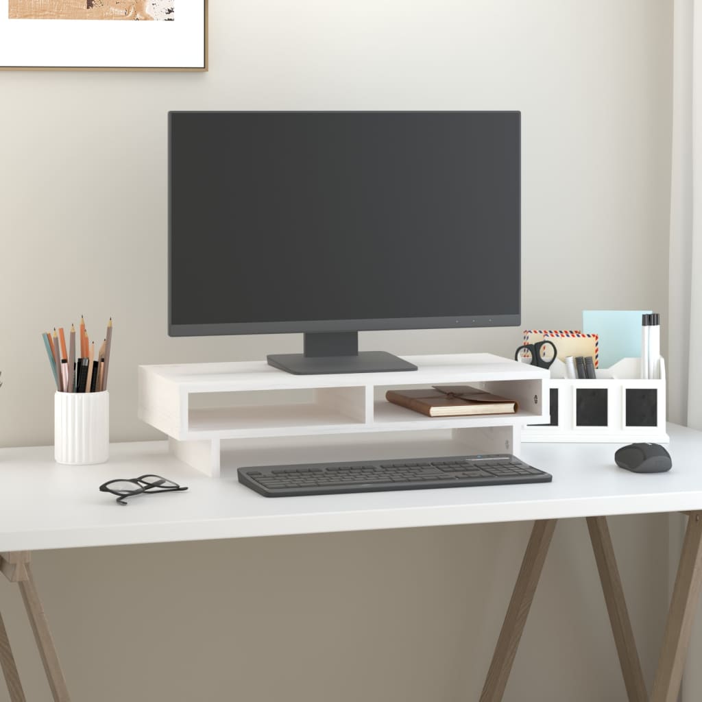 NNEVL Monitor Stand White 60x27x14 cm Solid Wood Pine